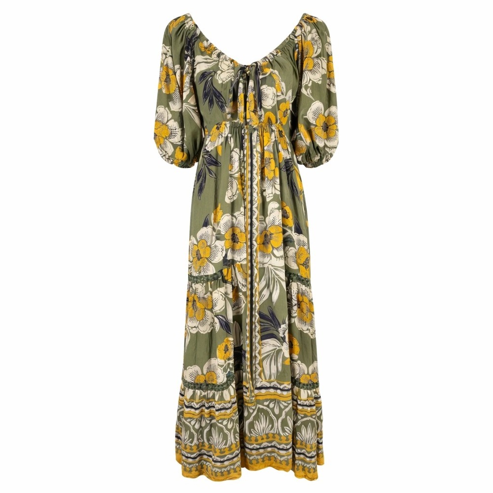 Angie Olive Green Floral Maxi Dress with Yellow & Cream Accents